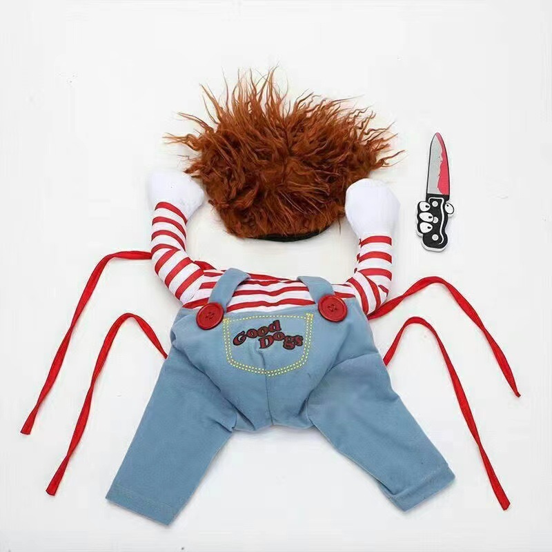 Killer Doll Style Dog Costume Striped Shirt with Overalls and Knife Accessory